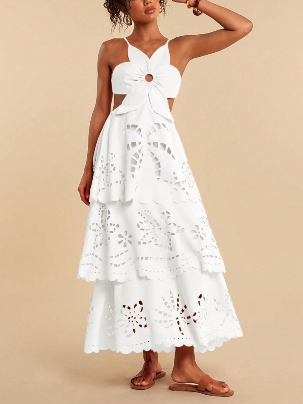 White Boho Women's Multi-Layer Ruffle Hem Spaghetti Strap Backless Dress - Picture 1 of 7